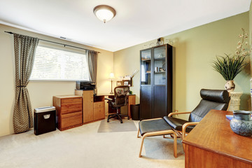 Simplistic home office white interior with carpet floor
