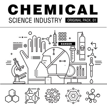 Modern chemical science industry. Thin line icons set biology technology. 