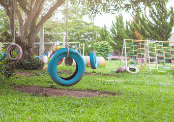 Tire swing hanging from a tree in  the playground