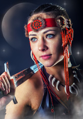 Northern warrior woman. Portrait with sword.
