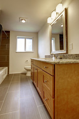 Bathroom in brown color with beige tile trim.