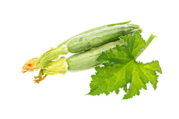 Fresh zucchini, with leaf and blossoms, isolated on white background.