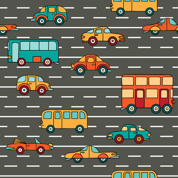 Vector seamless pattern with cars and buses.