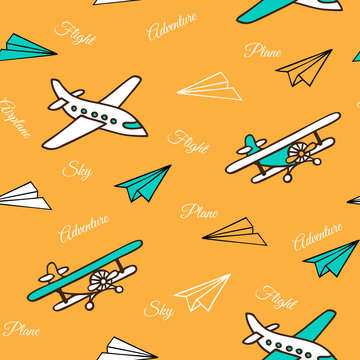Yellow seamless pattern of cute airplanes