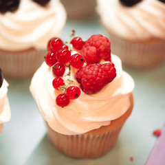 Tasty cupcake with fresh raspberry and currant, cream cheese on top closeup. Selective focus.