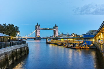 Night photo of Tower Bridge in London, England, Great Britain