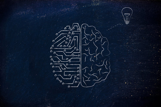 human and circuit brain having an idea (lightbulb)