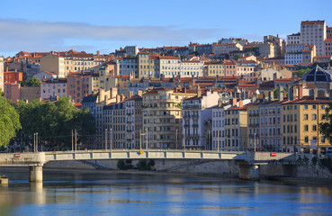 Fototapeta na wymiar Pont de la Feuillee and Croix Rousse on a summers day in Lyon, France