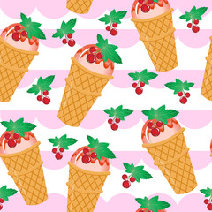 Ice cream in a waffle cup seamless texture. Currant ice cream cup in the background. Baby, Kids wallpaper and textiles. Vector illustration