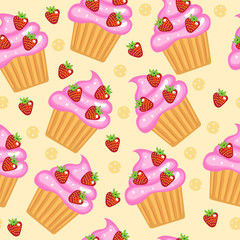 Muffins, cupcakes seamless texture. Delicious Cake background. Baby, Kids wallpaper and textiles. Vector illyustration