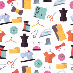Seamless pattern with sewing kit and tools.Scissors, thread, needles , ribbons. Threads & tools for embroidery. Flat Vector illustration.