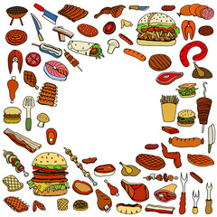 Bbq Grill Color Sketch Set.