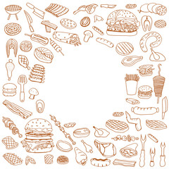 doodle BBQ party icons set.