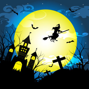 Halloween night with silhouette dry tree, old witch, castle, graves and bats vector illustration background