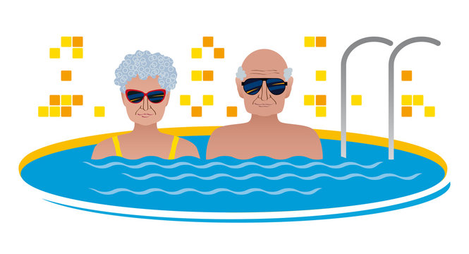 Smiling elderly couple Europeans in sunglasses relaxing in the outdoor pool in retirement or holiday. Vector, concept, drawing, isolated on white background.