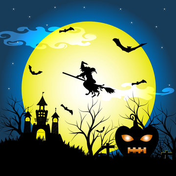 Halloween night with silhouette dry tree, old witch, castle, pumpkin and bats vector illustration background