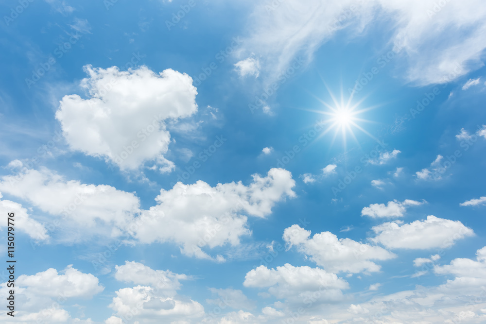 Canvas Prints blue sky with clouds and sun reflection. looking up view