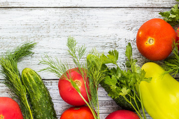 Top view of fresh vegetables and spices