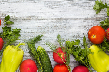 Top view of fresh vegetables and spices