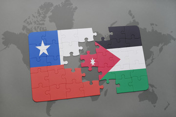 puzzle with the national flag of chile and jordan on a world map background.