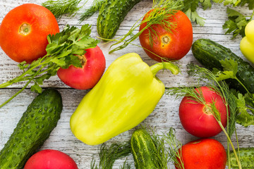Top view of fresh vegetables and spices