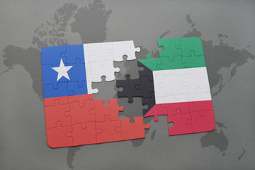 puzzle with the national flag of chile and kuwait on a world map background.