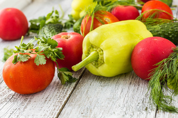 Top view of fresh vegetables and spices