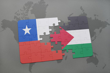 puzzle with the national flag of chile and palestine on a world map background.