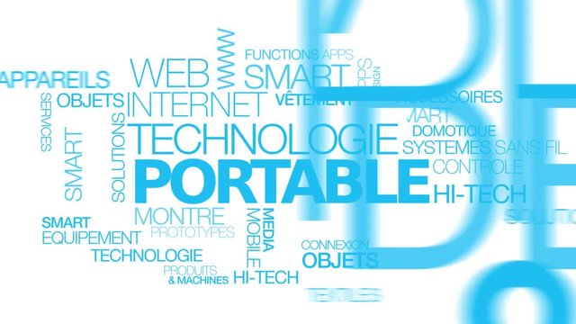 Technologie Portable Mettable Wearable Capteurs nuages de mots bleu fond blanc animation