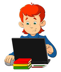 Cartoon boy sitting at a table with a laptop.