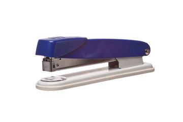 blue and metal stapler over a white background