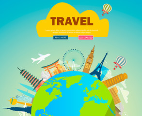 World landmarks. Summer traveling. Travel concept. Famous landmarks. Tourism vector collage. Travel collage. Journey concept. Vacation destinations. Travel suitcase. World travel. Flat landmarks.