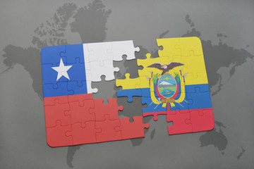 puzzle with the national flag of chile and ecuador on a world map background.