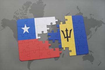 puzzle with the national flag of chile and barbados on a world map background.