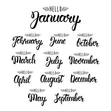 Calligraphic set of quote Hello months of the year. Brush handwritten months of the year. Hand lettering names of months. Calligraphic isolated set in black ink. Vector