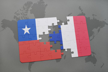puzzle with the national flag of chile and france on a world map background.