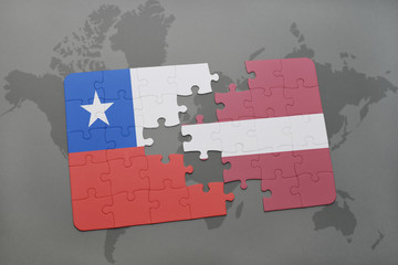 puzzle with the national flag of chile and latvia on a world map background.