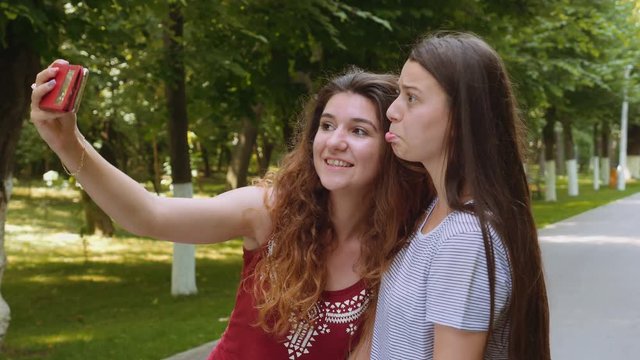 Happy friends taking selfie with the smartphone in the park