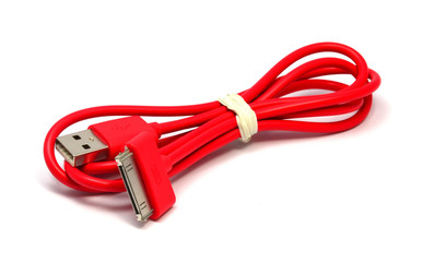 Red USB cable on white background.