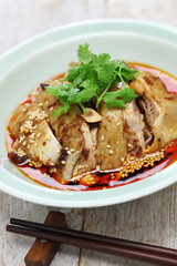 saliva chicken, mouthwatering chicken, poached chicken with chili oil sauce, China Sichuan cuisine