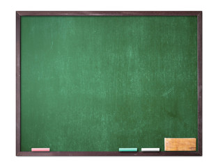 Teacher day concept: Grunge old wood green board, white chalk, eraser