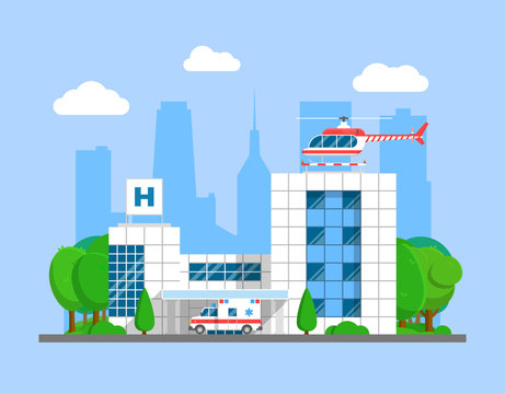 Medical center building with ambulance and helicopter. Flat city hospital and emergency transport vector illustration