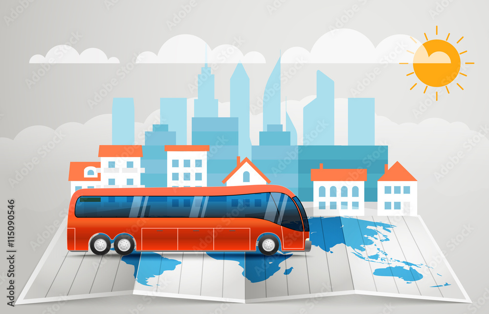 Aufkleber world map with the bus. vector infographic elements. summer vaca