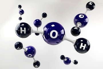 A 3D Illustration blue molecules of water on a grey background