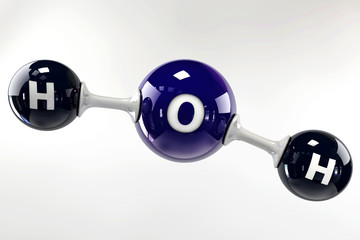 A 3D Illustration blue molecule of water on a grey background