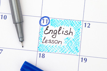 Reminder English lesson in calendar with pen