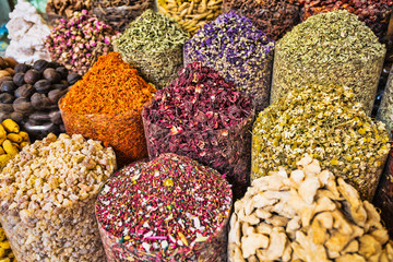 dried herbs flowers spices in the spice souq at Deira