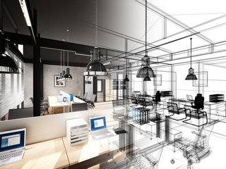 sketch design of interior office, wire frame