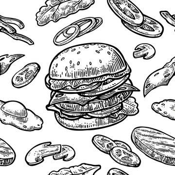Seamless pattern burger include cutlet, tomato, cucumber and salad.