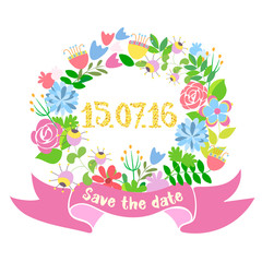 Save the Date. A wedding wreath of flowers.